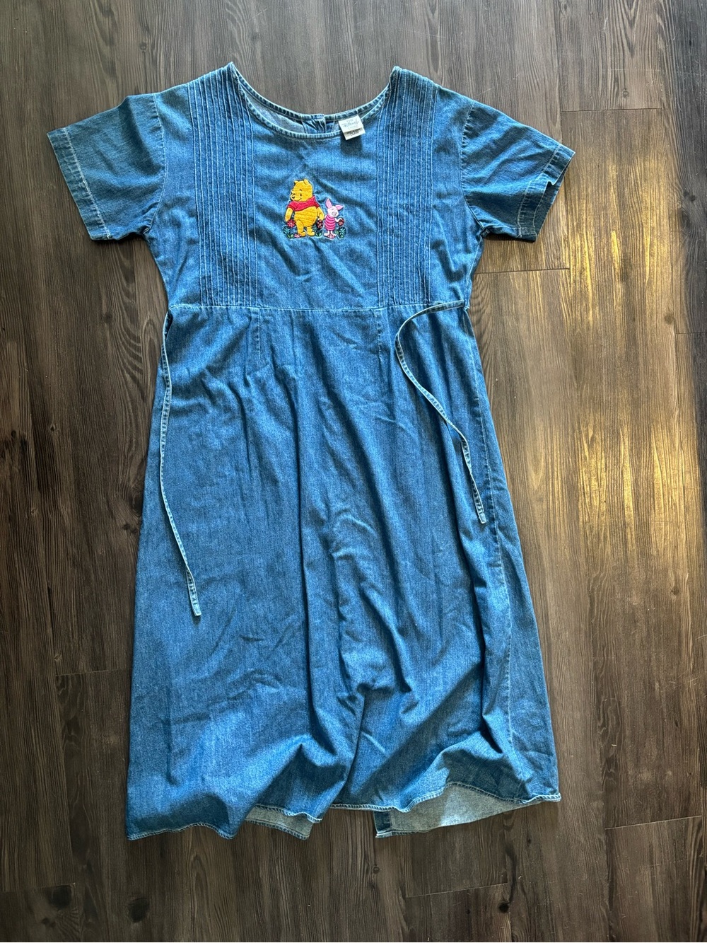 Disney Blue Denim Winnie the Pooh Embroidered Tie-Waist Midi Dress